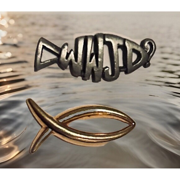 2 pin Lot - ICHTHUS Gold-tone Fish Pin and- WWJD Jesus Fish Silver tone Tie Tack - Picture 1 of 3